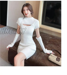 Hnewly Sweet Stretchy Knitted Dress Women Solid O-Neck Chic Chest Hollow Out Elegant Slim Mini