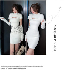 Hnewly Sweet Stretchy Knitted Dress Women Solid O-Neck Chic Chest Hollow Out Elegant Slim Mini