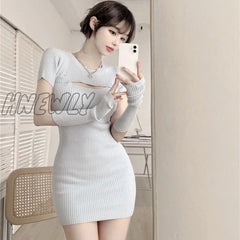 Hnewly Sweet Stretchy Knitted Dress Women Solid O-Neck Chic Chest Hollow Out Elegant Slim Mini