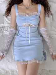 Hnewly Sweet Y2K Lace Slip Dress Party Holiday Sleeveless Mini Wrap Bandage Kawaii Dresses Lolita