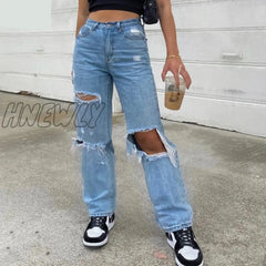 Hnewly Tangada Women Ripped Jeans Streetwear Female High Waist Baggy Straight Leg Pants Casual