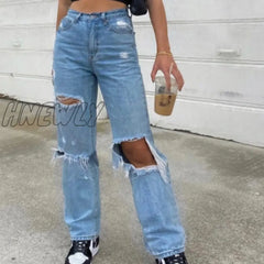 Hnewly Tangada Women Ripped Jeans Streetwear Female High Waist Baggy Straight Leg Pants Casual