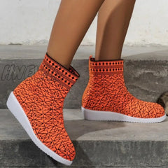 Hnewly - Tangerine Red Casual Patchwork Round Comfortable Out Door Shoes Shoes Boots