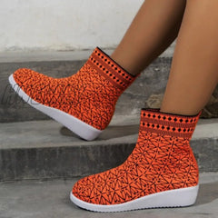 Hnewly - Tangerine Red Casual Patchwork Round Comfortable Out Door Shoes Shoes Boots