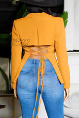 Hnewly - Tangerine Red Street Solid Bandage Patchwork Buttons Turn-Back Collar Outerwear Coats Suits