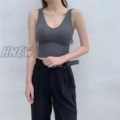 Hnewly Tank Tops Sexy Crop Vest Solid Harajuku Korean Female Off Shoulder Knitted V Neck Khaki