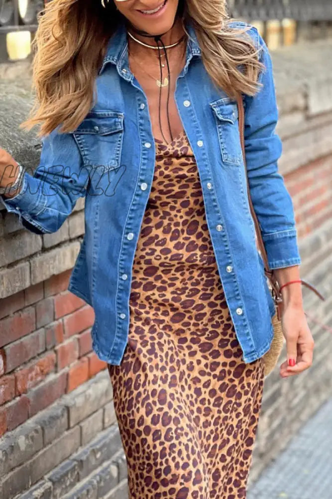 Hnewly - The Cowboy Blue Street Solid Pocket Turndown Collar Long Sleeve Loose Denim Jacket Coats