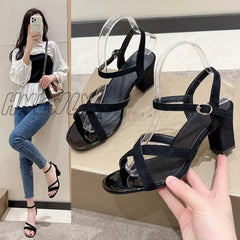 Thick Heeled Sandals For Women High Heels Shoes Woman 2024 Trend Round Toe Designer Black Heel