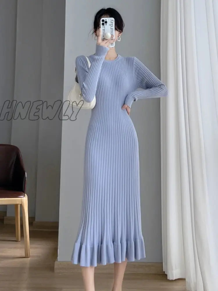 Hnewly Thick Mermaid O-Neck Long Sweater Maxi Dress For Women Elegant Casuals Female A-Line Slim