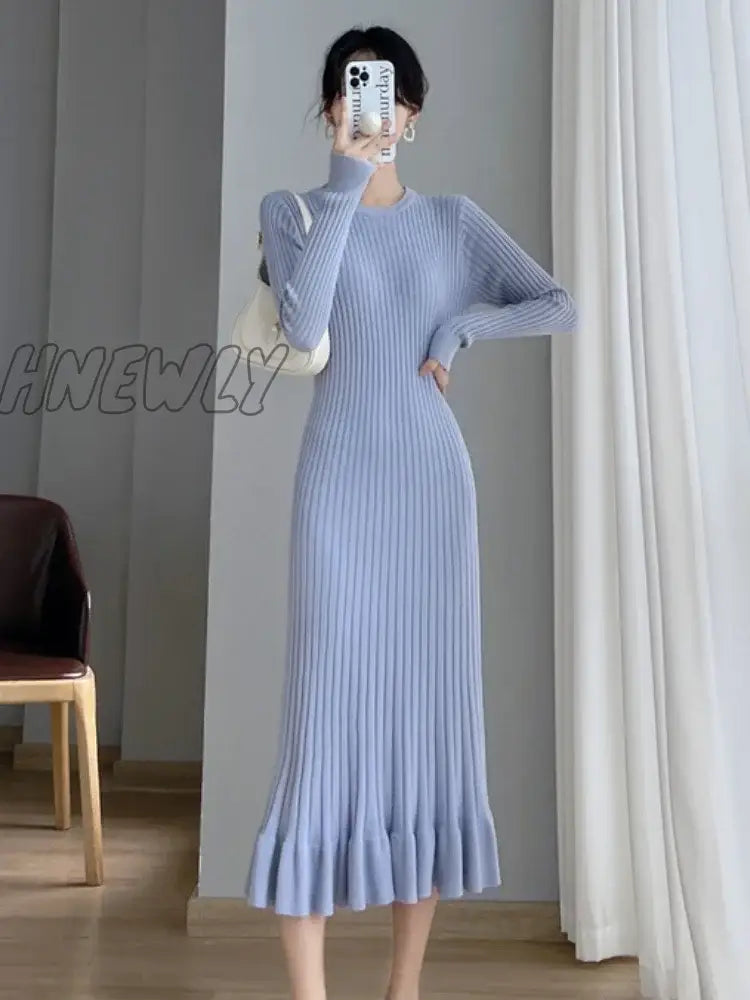 Hnewly Thick Mermaid O-Neck Long Sweater Maxi Dress For Women Elegant Casuals Female A-Line Slim