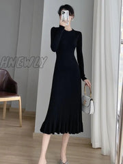 Hnewly Thick Mermaid O-Neck Long Sweater Maxi Dress For Women Elegant Casuals Female A-Line Slim