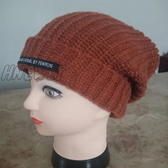 Hnewly Thick Oversized Beanie Label Patch Solid Color Knit Hats Simple Casual Coldproof Beanies