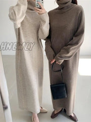 Hnewly Thick Winter Women’s Dress Fall Sweater Women Long Sleeve Knitted Dresses Maxi Vintage
