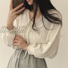 Hnewly Thin White Cardigan Bandage Lantern Sleeve Short Coat Pull Femme Knitwear Top Girl Korean