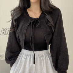 Hnewly Thin White Cardigan Bandage Lantern Sleeve Short Coat Pull Femme Knitwear Top Girl Korean