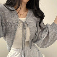 Hnewly Thin White Cardigan Bandage Lantern Sleeve Short Coat Pull Femme Knitwear Top Girl Korean