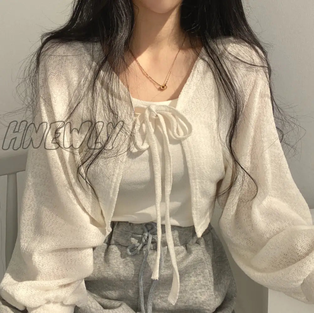 Hnewly Thin White Cardigan Bandage Lantern Sleeve Short Coat Pull Femme Knitwear Top Girl Korean