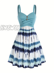 Hnewly Tie Dye Print Fake Button Dress Casual Sleeveless Backless For Summer Women’s Clothing