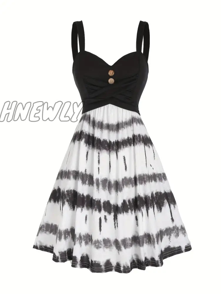 Hnewly Tie Dye Print Fake Button Dress Casual Sleeveless Backless For Summer Women’s Clothing