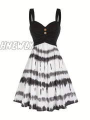 Hnewly Tie Dye Print Fake Button Dress Casual Sleeveless Backless For Summer Women’s Clothing