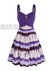 Hnewly Tie Dye Print Fake Button Dress Casual Sleeveless Backless For Summer Women’s Clothing