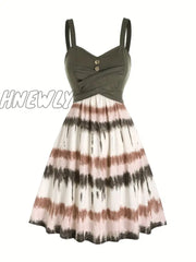 Hnewly Tie Dye Print Fake Button Dress Casual Sleeveless Backless For Summer Women’s Clothing