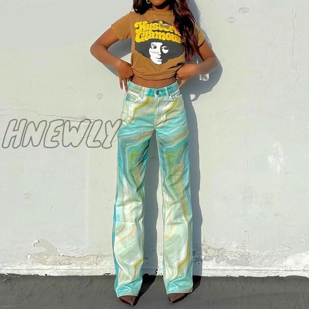 Hnewly Tie Dye Print Women High Waist Wide Leg Jeans Loose Casual Streetwear Summer Trousers