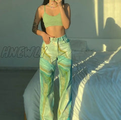 Hnewly Tie Dye Print Women High Waist Wide Leg Jeans Loose Casual Streetwear Summer Trousers