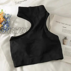 Hnewly Tops For Woman Knitted Sexy Shoulder Halter Half High Neck Hanging Wrapping Bra With Breast