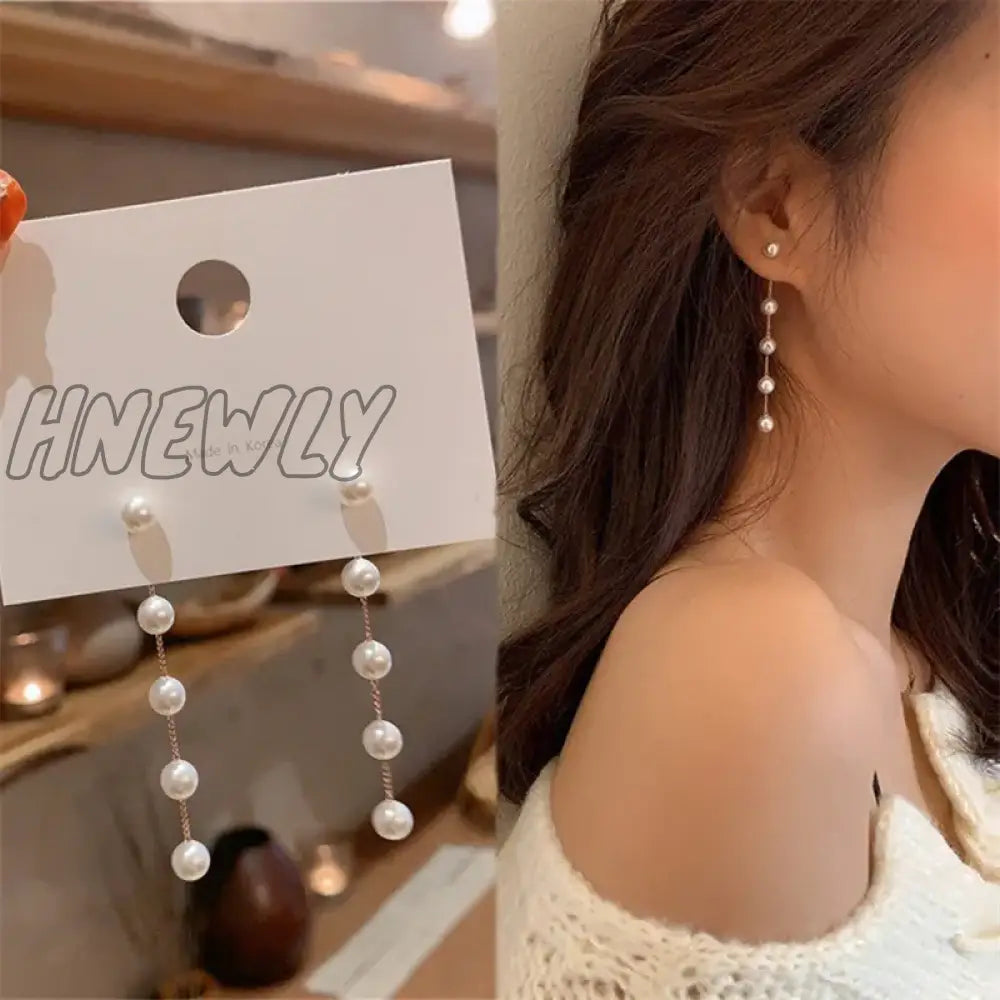 Hnewly Trend Simulation Pearl Long Earring For Women Fashion Korean Crystal Rhinestone Chain Drop