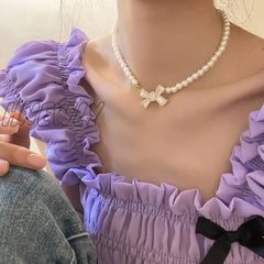 Hnewly Trend Wedding Party Jewelry Pearl Bow Pendant Choker Necklace For Women Elegant White