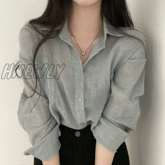 Hnewly Trendy Shirt Blouse Simple Thin Pure Color Anti-Uv Anti-Fade Top Women Solid Sun Protection