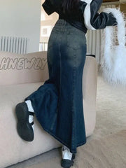Hnewly Trumpet Denim Maxi Skirts Women Vintage Summer Aesthetic Lady Sexy Streetwear High Waist