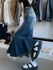 Hnewly Trumpet Denim Maxi Skirts Women Vintage Summer Aesthetic Lady Sexy Streetwear High Waist