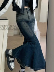 Hnewly Trumpet Denim Maxi Skirts Women Vintage Summer Aesthetic Lady Sexy Streetwear High Waist