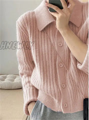 Hnewly Turn Down Knit Cardigan Women Autumn Winter Button Up Solid Color Sweater Coats Woman Long