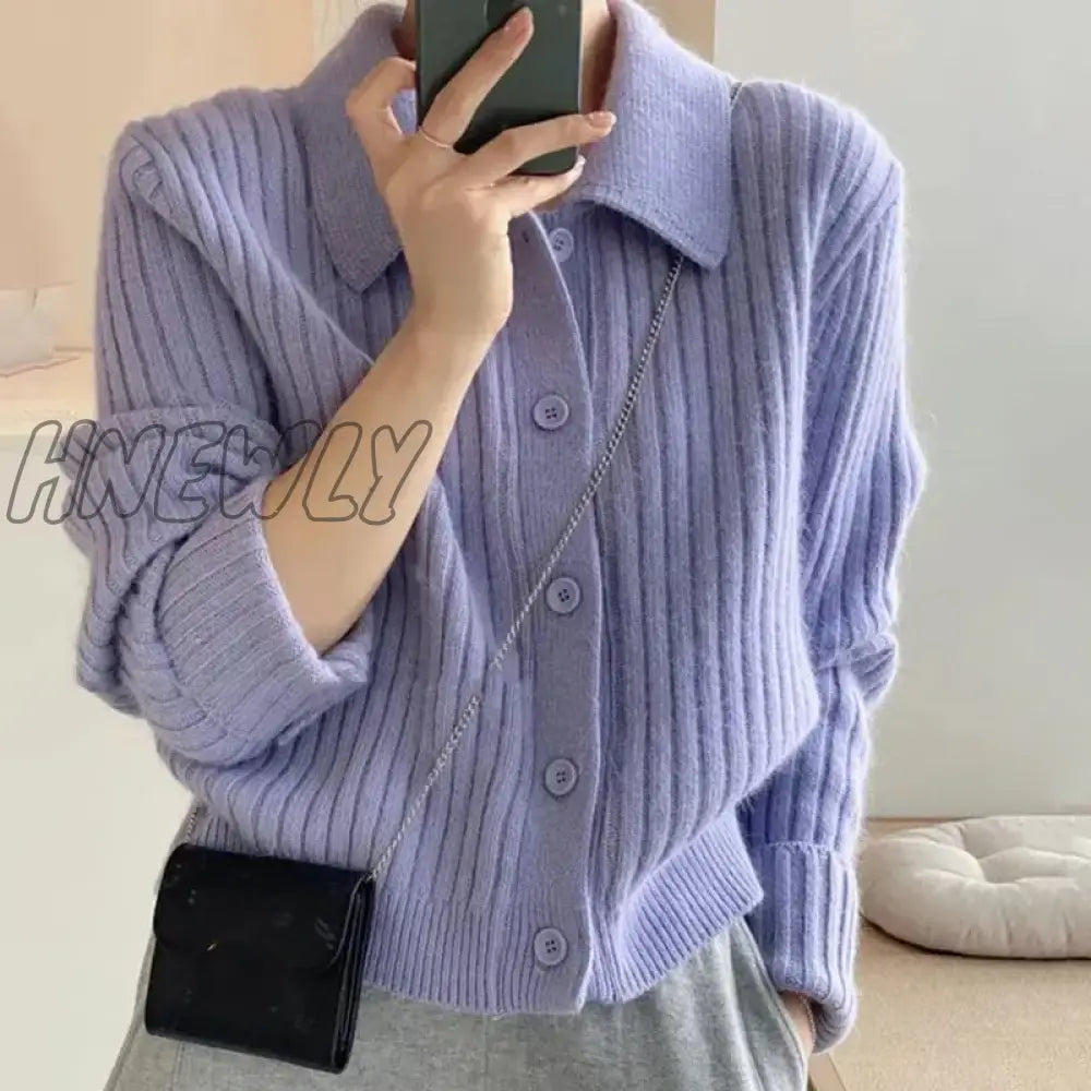 Hnewly Turn Down Knit Cardigan Women Autumn Winter Button Up Solid Color Sweater Coats Woman Long