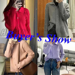 Hnewly Turn Down Knit Cardigan Women Autumn Winter Button Up Solid Color Sweater Coats Woman Long