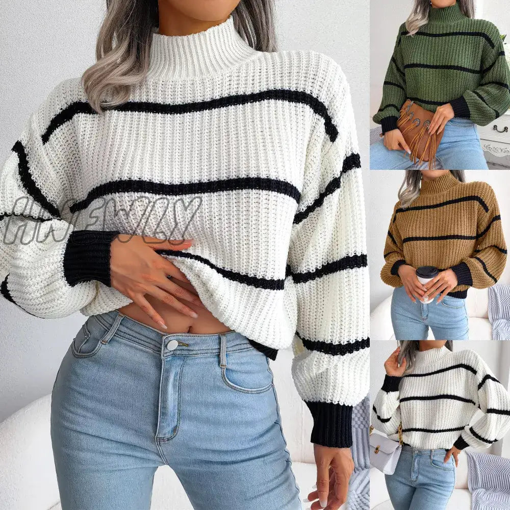 Hnewly Turtleneck Striped Print Long Lantern Sleeve Knitted Sweater Women Knitwear Pullovers