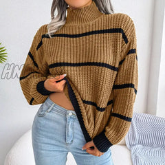 Hnewly Turtleneck Striped Print Long Lantern Sleeve Knitted Sweater Women Knitwear Pullovers