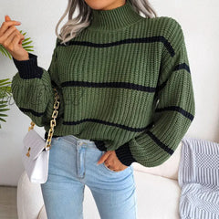 Hnewly Turtleneck Striped Print Long Lantern Sleeve Knitted Sweater Women Knitwear Pullovers
