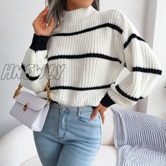 Hnewly Turtleneck Striped Print Long Lantern Sleeve Knitted Sweater Women Knitwear Pullovers
