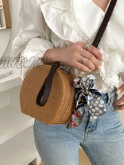 Hnewly - Twilly Scarf Decor Straw Bag Women Satchels Khaki Women-Satchels