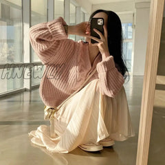 Hnewly Twisted Knitted Cardigan Women Lazy Style Loose Single Breasted Sweater Coat Ladies Winter