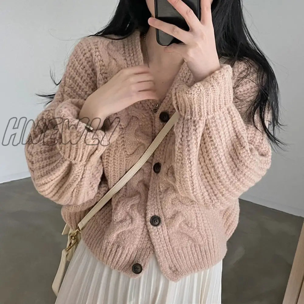 Hnewly Twisted Knitted Cardigan Women Lazy Style Loose Single Breasted Sweater Coat Ladies Winter