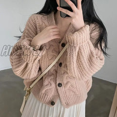 Hnewly Twisted Knitted Cardigan Women Lazy Style Loose Single Breasted Sweater Coat Ladies Winter