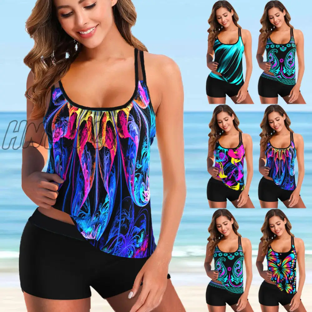 Hnewly Two Piece Fashion Sling Tank Top Boxer Bikini Set New Women Print Tankini Swimwear Spring