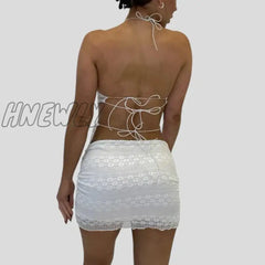 Hnewly Two Piece Set Chic Women V Neck Halter Camis Tops Sexy Chest Wrap Backless Tie Up Bandage