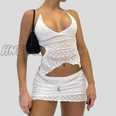 Hnewly Two Piece Set Chic Women V Neck Halter Camis Tops Sexy Chest Wrap Backless Tie Up Bandage
