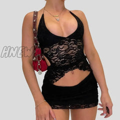 Hnewly Two Piece Set Chic Women V Neck Halter Camis Tops Sexy Chest Wrap Backless Tie Up Bandage